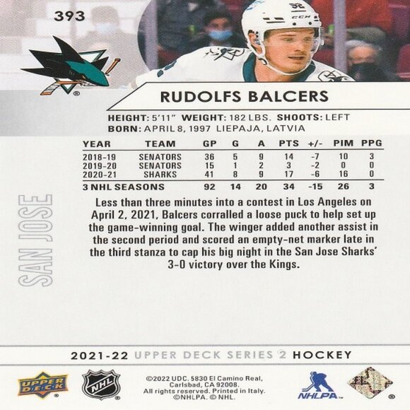 Rudolfs Balcers - 2021/2022 Upper Deck Series 2 Hockey Card - Picture 2 of 2